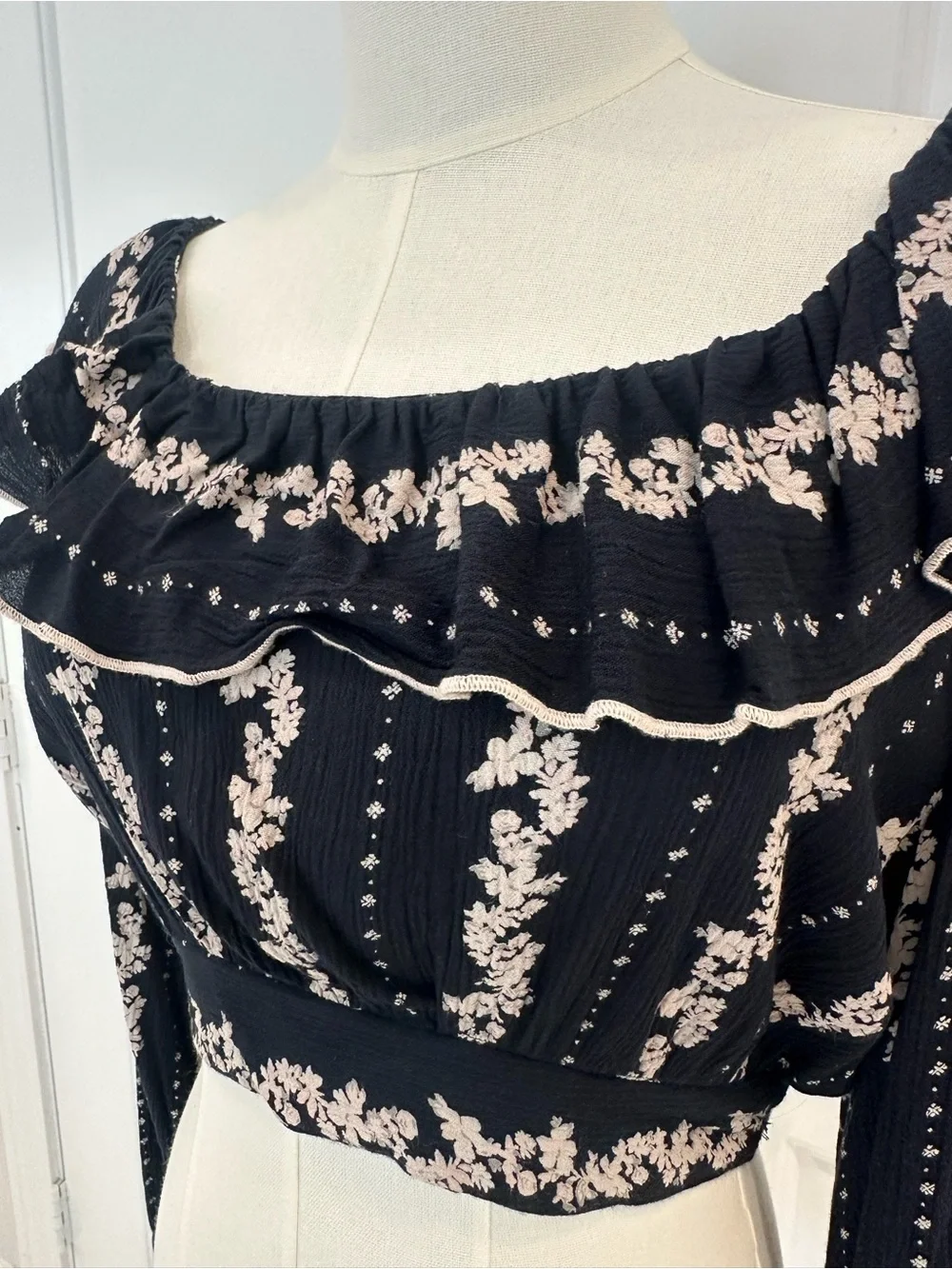 Free People Lolita Navy and Cream Patterned Detail Cropped Boho Style -Top Only